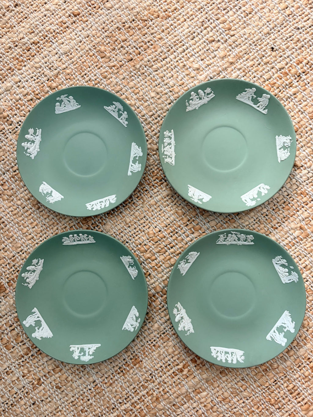 Wedgwood sage green jasperware saucers stacked