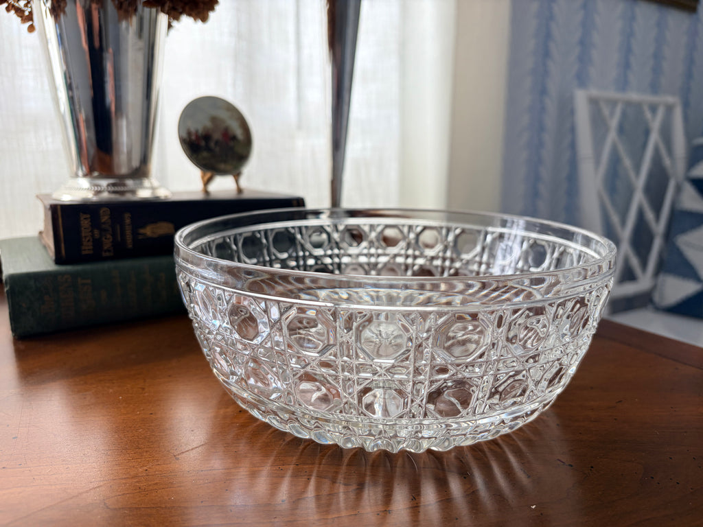 Vintage lead crystal bowl, 8.25 inches, with octagonal cane cutting and a starburst cut base