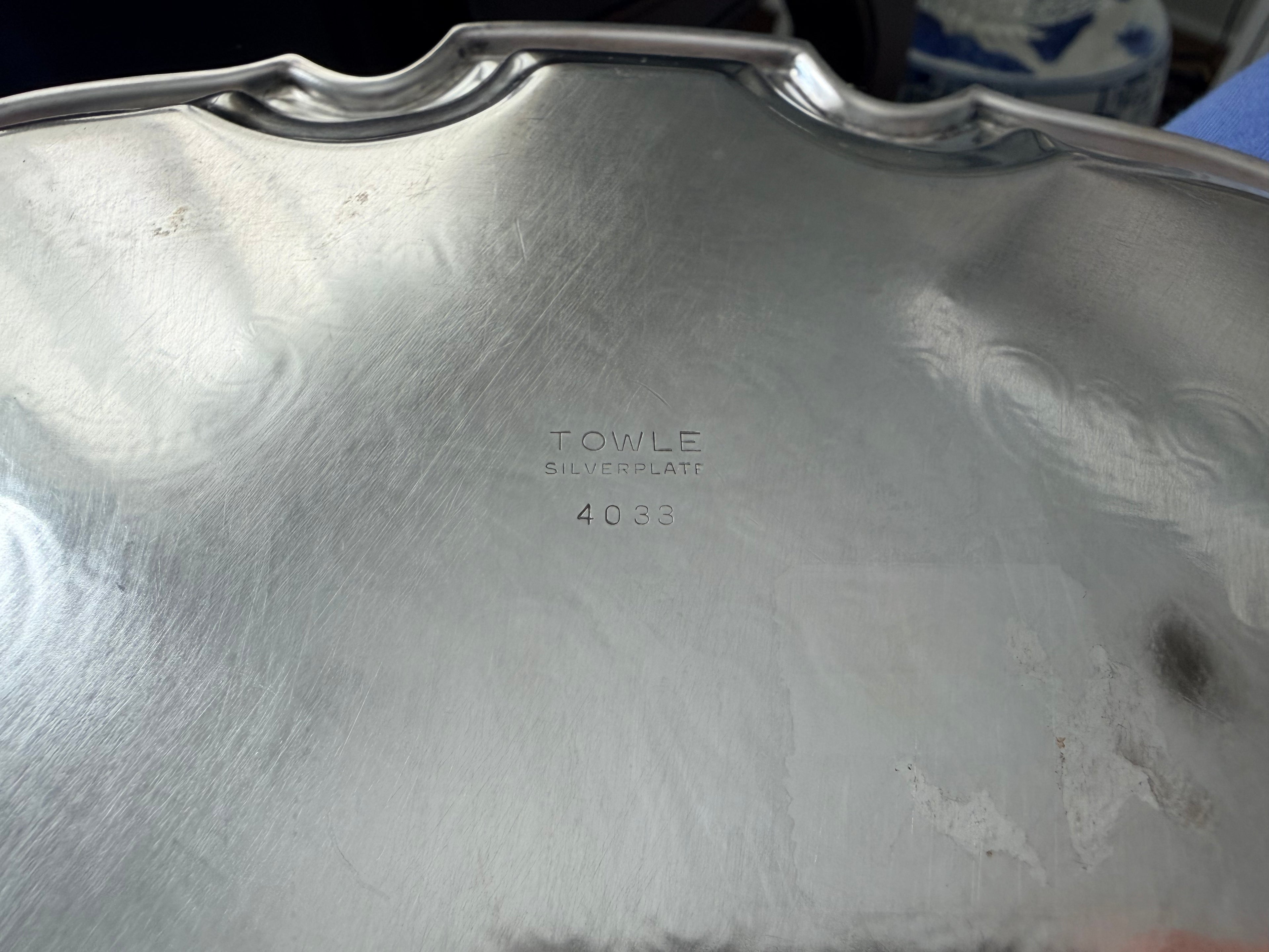 Underside of the Towle tray showing the Towle Silverplate 4033 maker mark