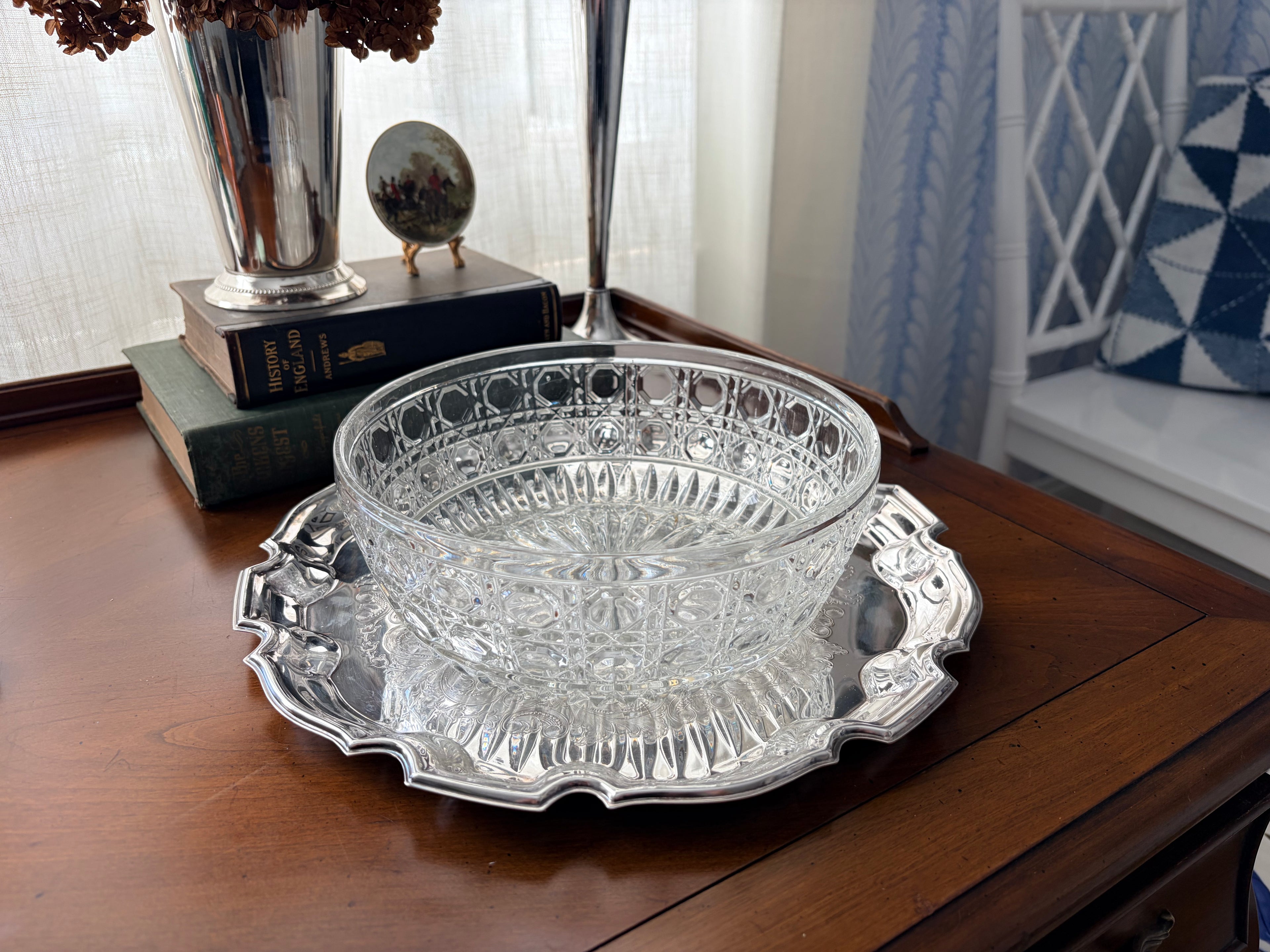 Vintage cut crystal bowl styled on a silver tray (tray sold separately)