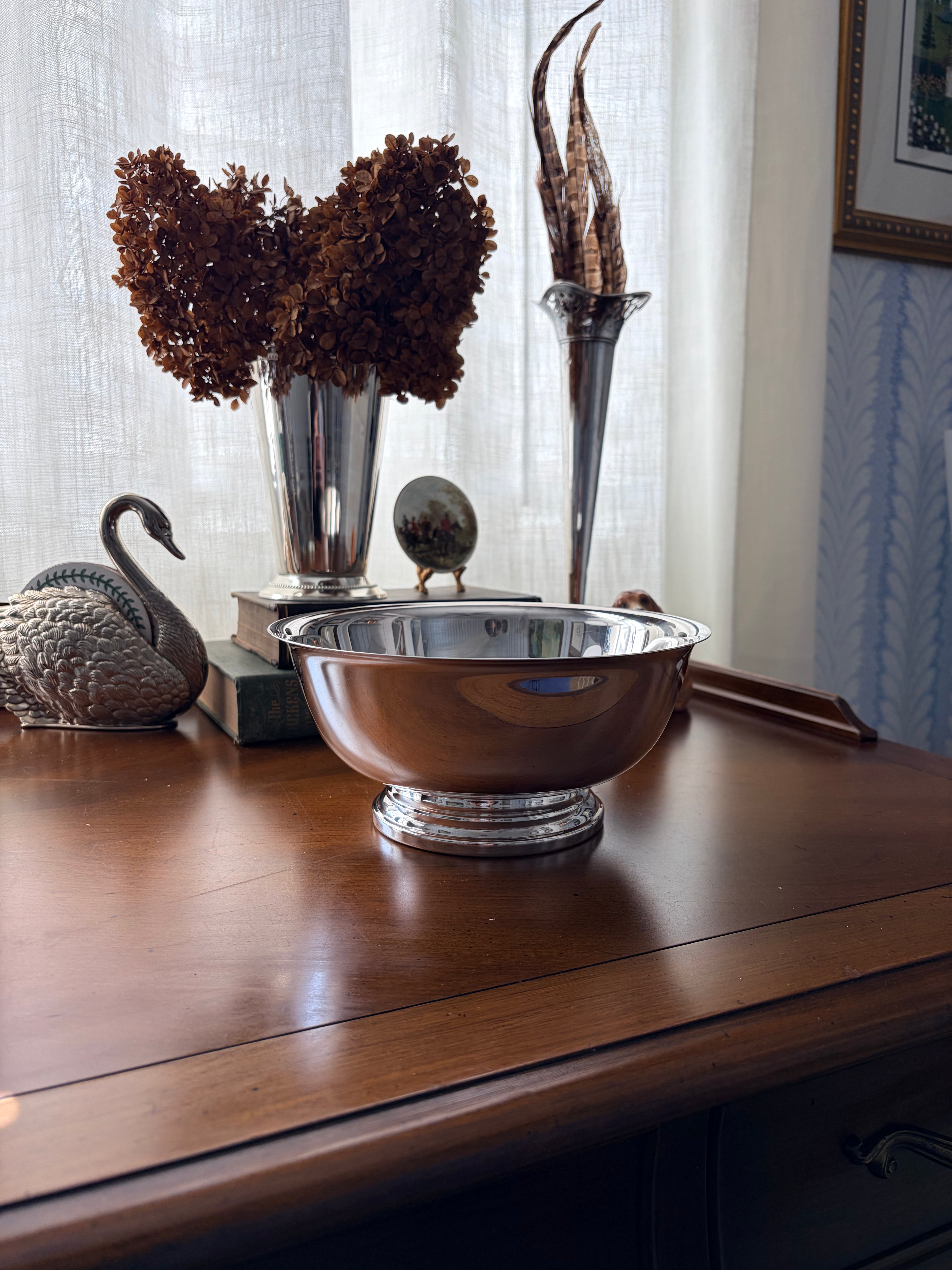 Gorham silverplate Revere bowl from a second angle showing the low footed base