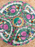 Detail of the 10 inch Rose Canton plate with pink cabbage roses, green foliage and gilded roundel